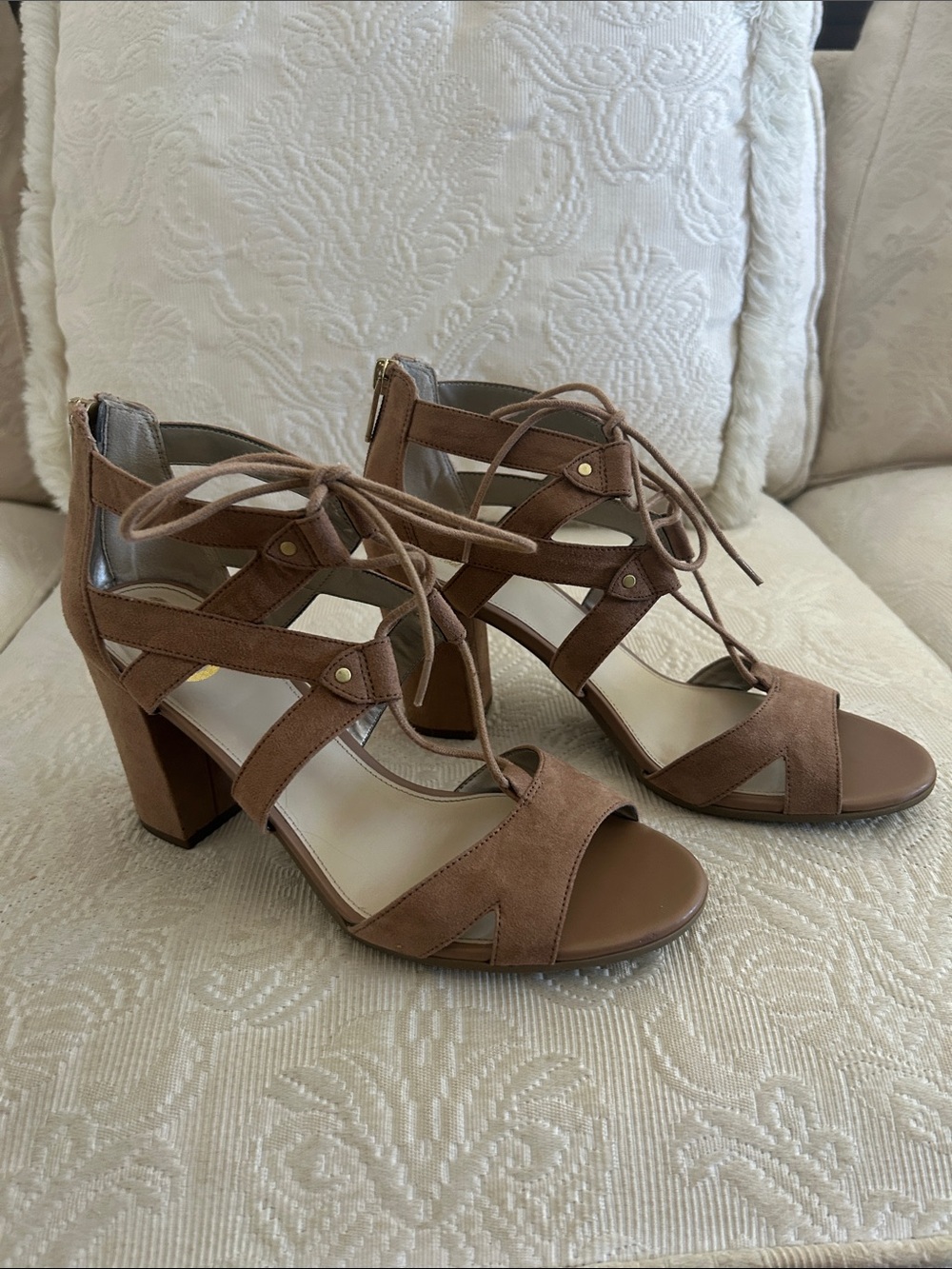 Lace-Up Tan Block Heel Sandals - Women